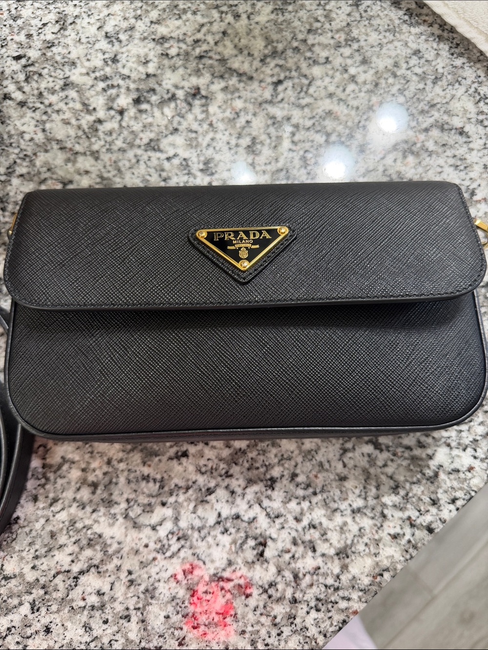 Prada Black Saffiano Crossbody with Gold Triangle Logo